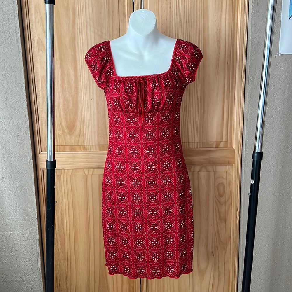 Vintage Fashion Art 90s Y2K Red Bodycon Square Neck Short Sleeve Mini Dress